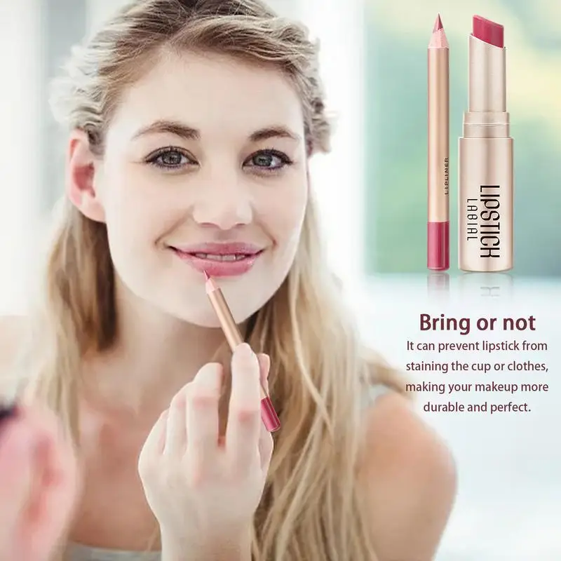 Lipliner และชุดลิปสติก Waterproof Matte Lip Liner ดินสอชุดสีสูง Non-stick Cup Lip Pencil Liner สําหรับสาวผู้หญิง