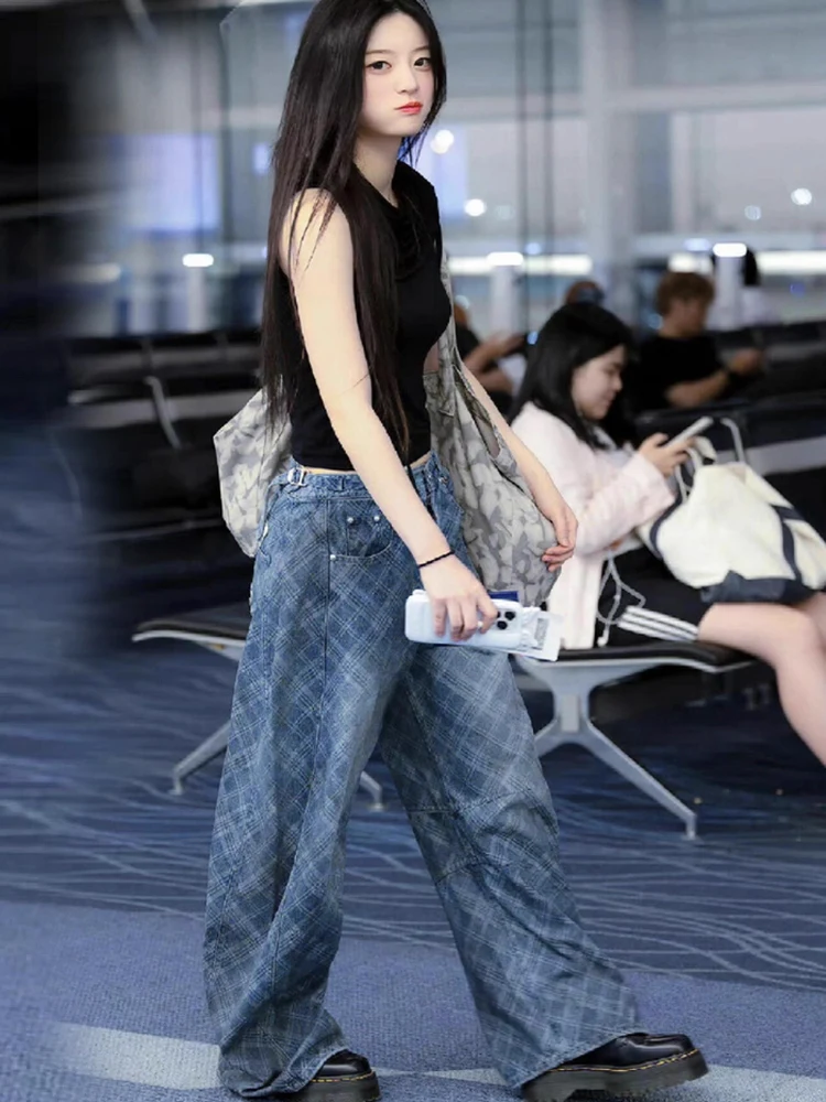 

Американские винтажные повседневные джинсовые брюки для женщин: свободные, прямые, широкие, длинные, с эффектом потертости