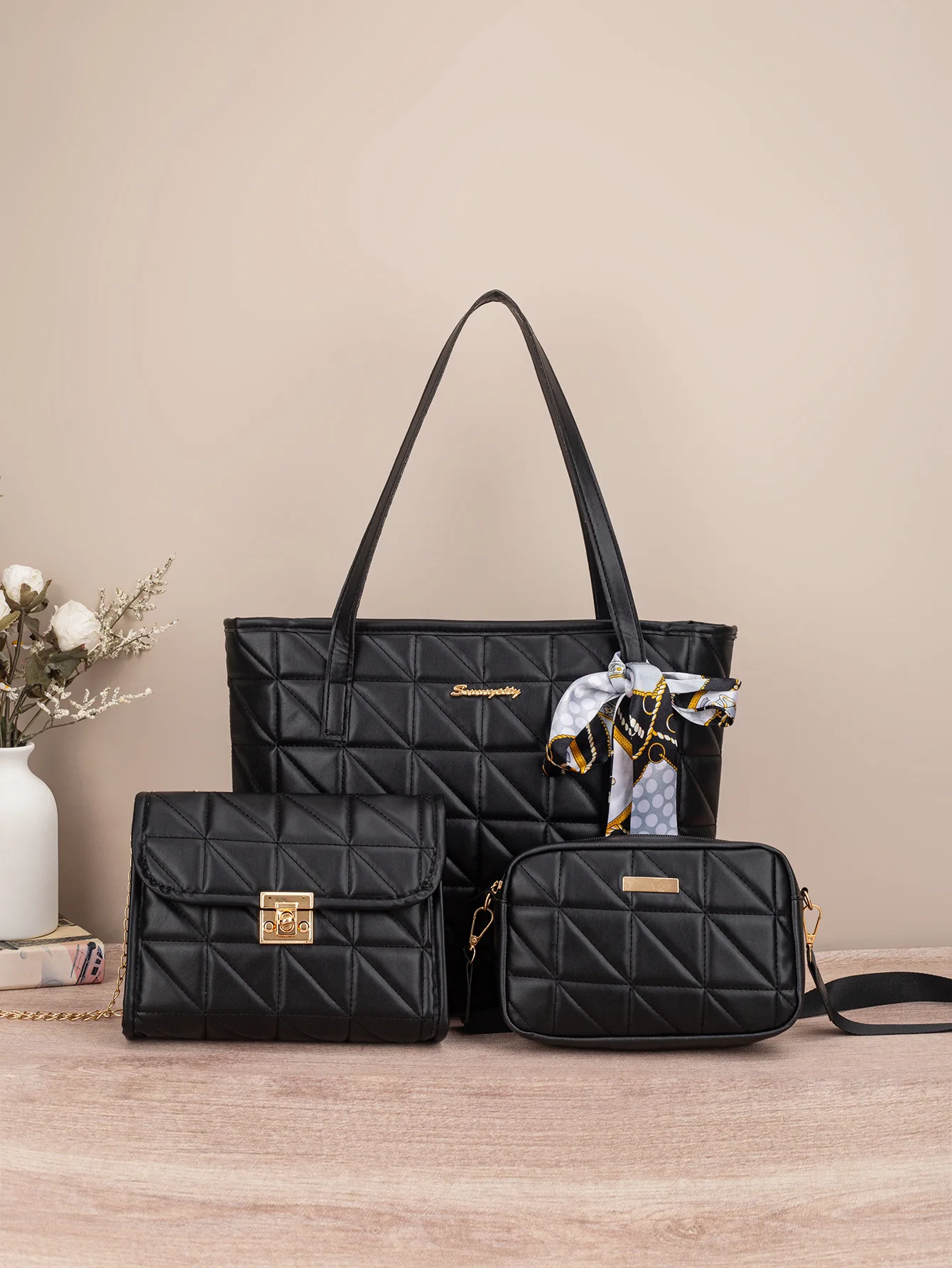 

3Pcs Women Tote Bag Quilted Lightweight Women's Bag Large Capacity Shoulder Bag With Zipper Closure Travel Daily Use Female Bag
