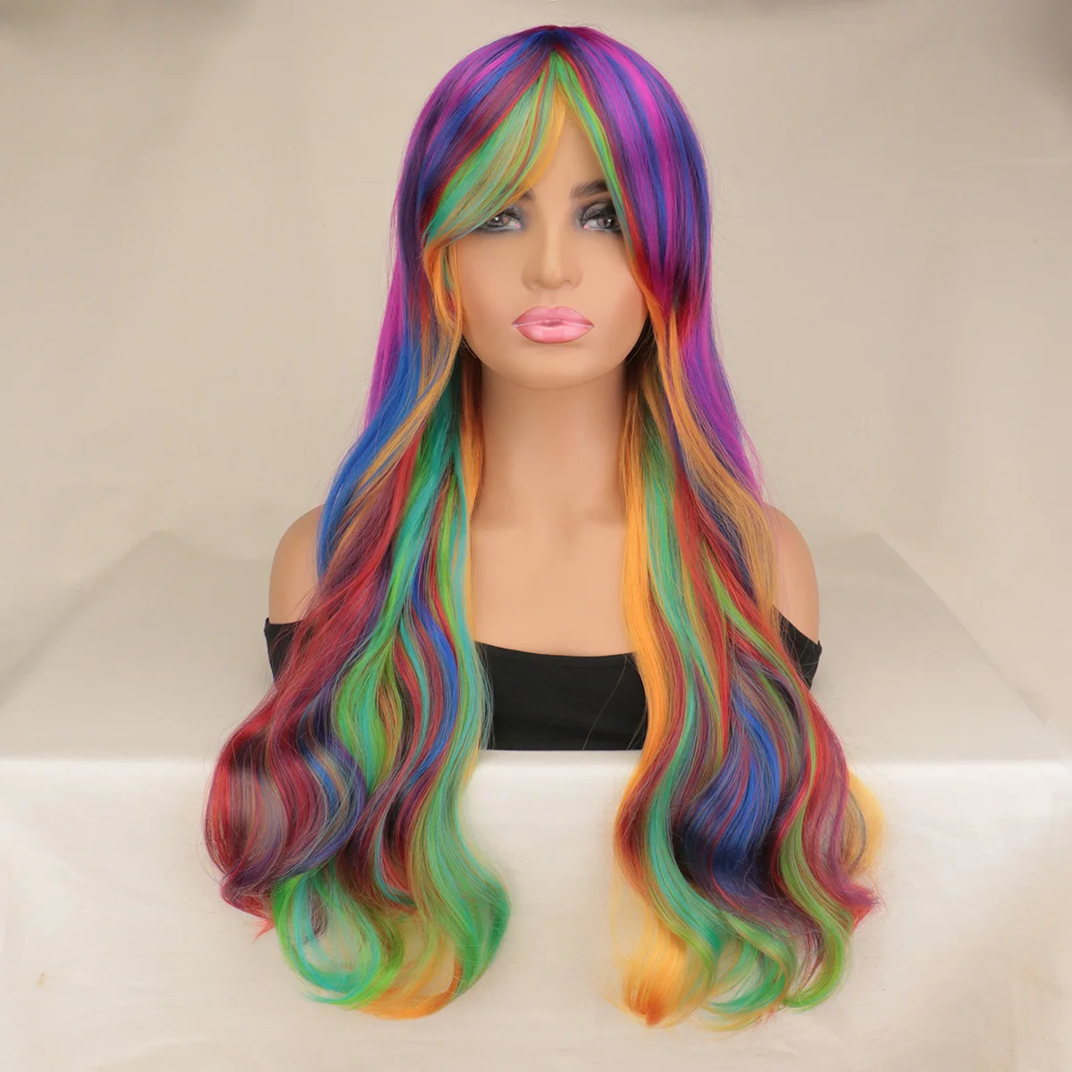 

Длинный вьющийся парик цвета радуги для женщин и девочек с челкой, аксессуар для костюма для косплея, идеально подходит для Хэллоуина