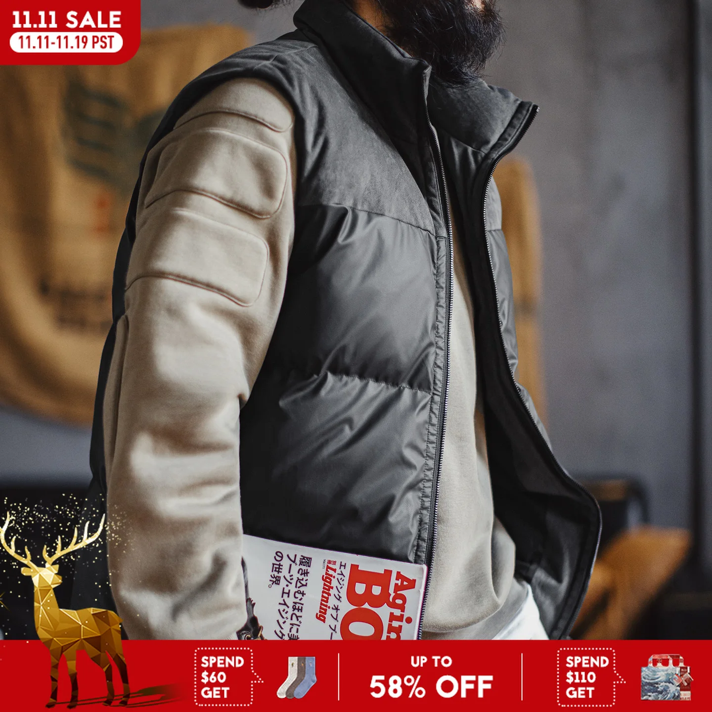 

Maden Men's Outdoor Padded Vest Black Stand Collar Sleeveless Jacket Mountain Style Matte Glossy Faux Leather Texture Warm Gilet