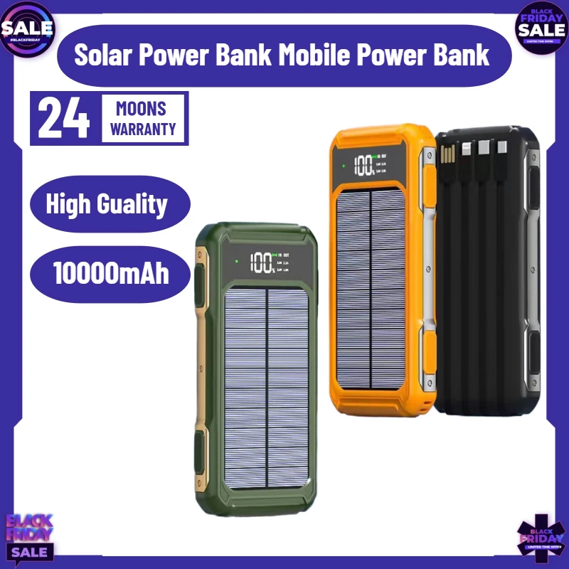 

10000mAh Large Capacity Solar Power Bank with 3 Charging Cable SOS Laser Light High Powerbank USB Three Defenses Portable