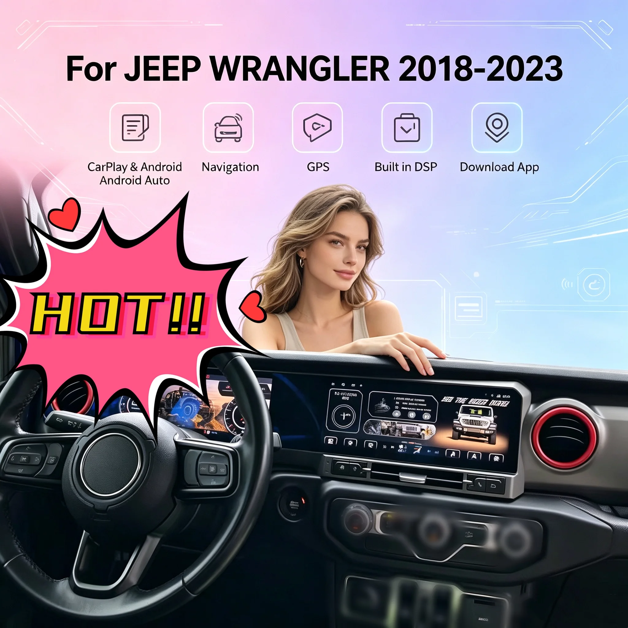 Android 15 Auto Car Radio Navi For Jeep Wrangler JL 2018 2019 2020 2021 2022 2023 CarPlay Gladiator Dual Screen Digital Dash