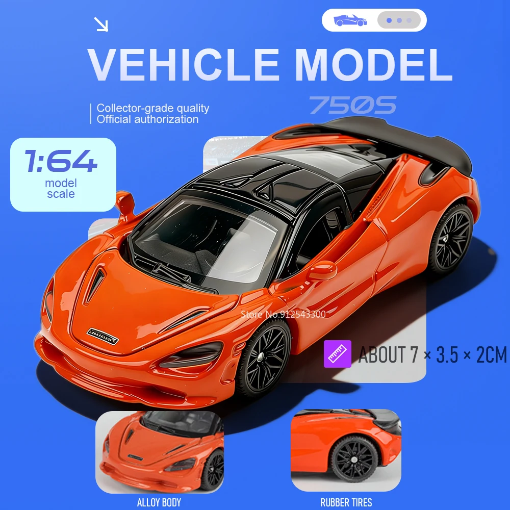 

Масштабная модель автомобиля 750S Valkyrie GT2 в масштабе 1:64, металлическая литая игрушка, миниатюрная модель из сплава, развивающий подарок для детей