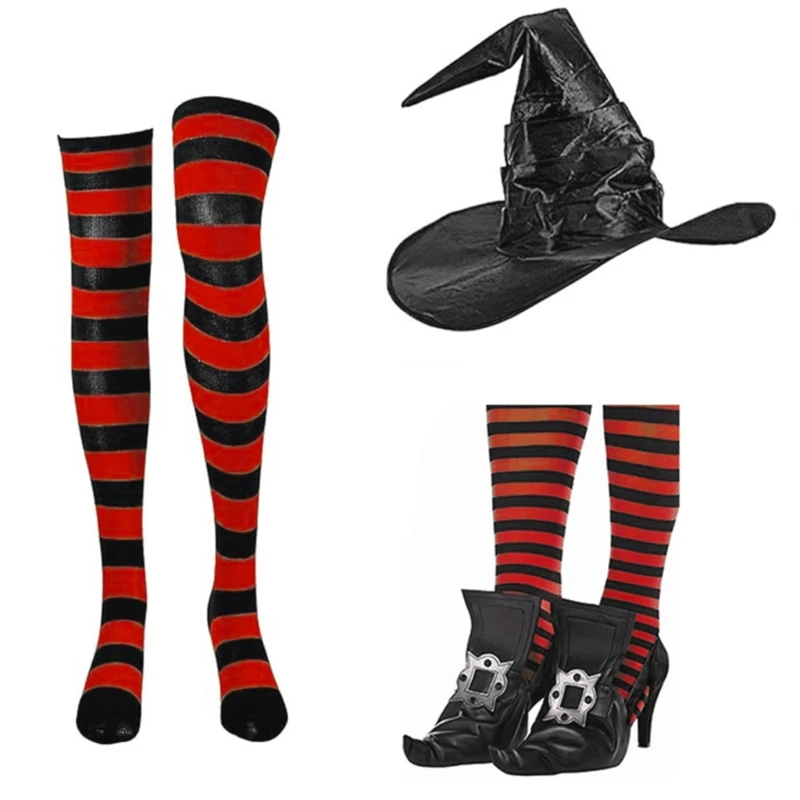 Halloween-Hexe-Anzieh-Outfit-Zubehör für Frauen, inklusive Hexenhut, Hexen-Schuhüberzug, gestreifte Strümpfe für Cosplay