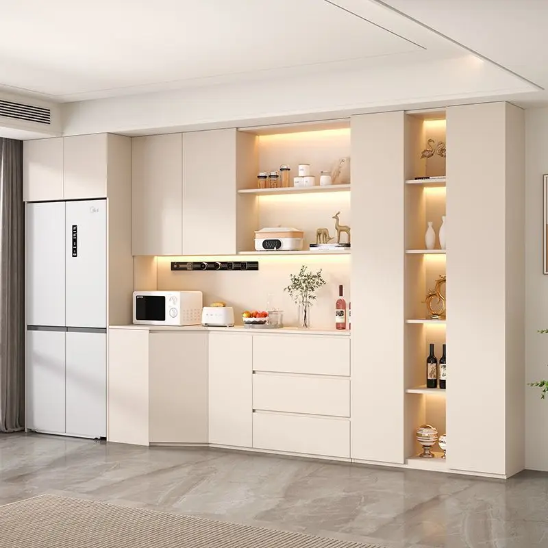 Integrierter Wand-Weinschrank für das Wohnzimmer, großer Stauraum, Massivholz, cremefarben, eingebauter Kühlschrank-Seitenschrank