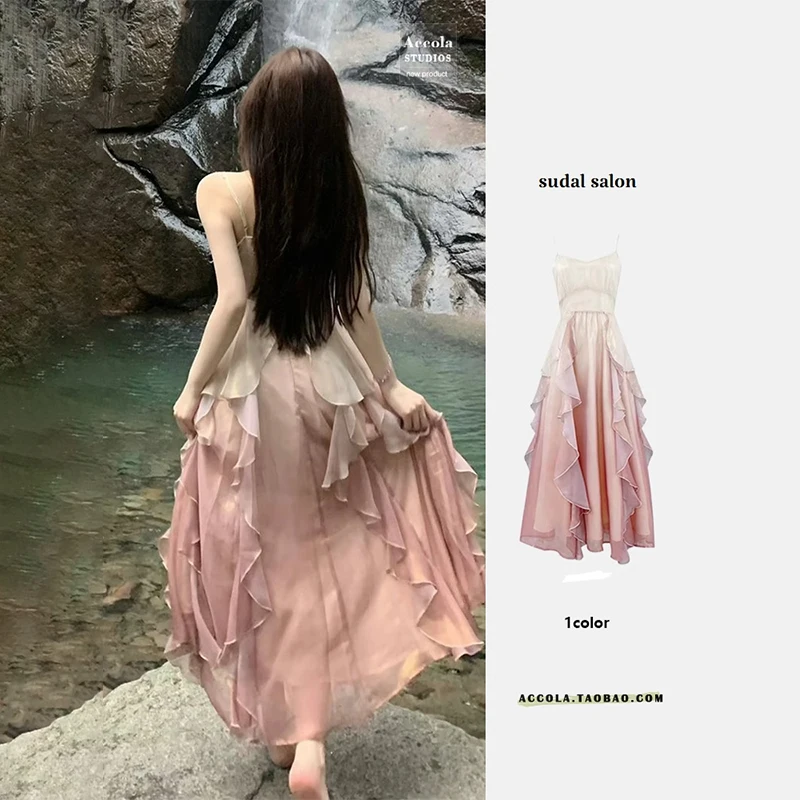 

2024Summer New Pure Waist Collection Chiffon Tie Dyed Lotus Edge Fairy Dress with Hanging Strap Super Immortal Heavy Craft Dress