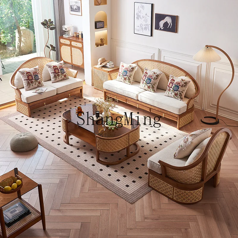 CL New Chinese Solid Wood Sofa Combination Club Lobby Wabi Sabi Wind Light Luxury with Drawer Storage Ash Wood Rattan Sofa
