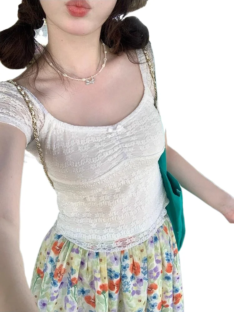 

Lace Square Neck Knitted Short Sleeved T-shirt Top + Floral Skirt Summer 2025 New Two Piece