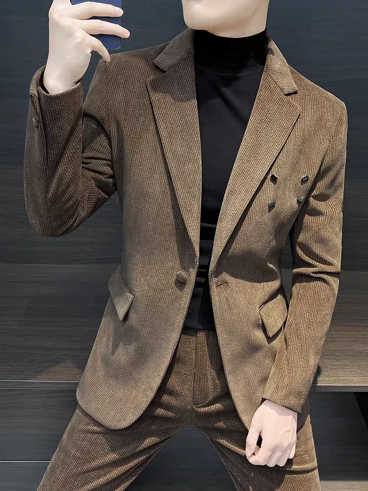 2-A67   Corduroy suit for men, high-end and handsome autumn and winter style, persed 2023 new casual suit jacket for men