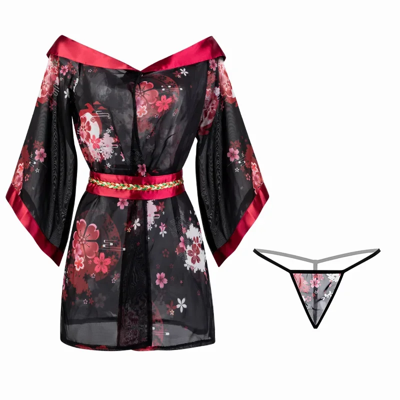 Conjunto de lencería Sexy para mujer, Kimono japonés Sakura, bata de uniforme, perspectiva Floral, albornoz corto, ropa de dormir