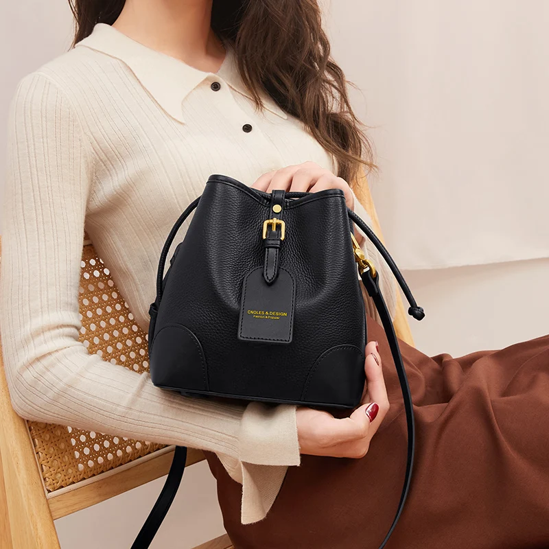 Cnoles New Female Bucket Bag Leather Crossbody Bags for Women Luxury Shoulder Bag Ladies Brand Designer Bag