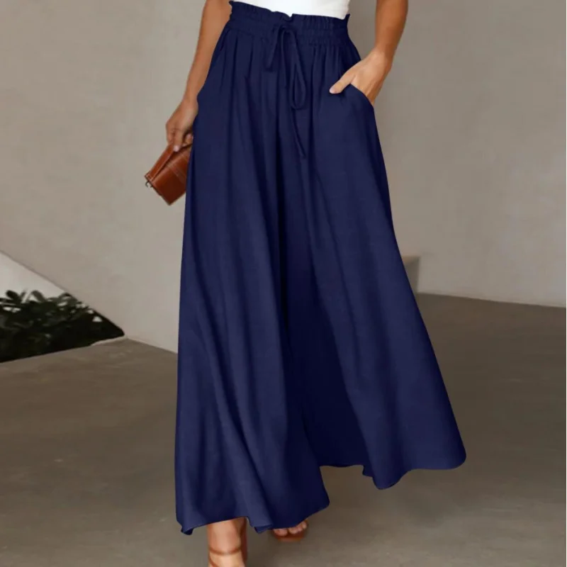 Europe and America Cross Border Summer New Women's Wide-Leg Pants Elastic Waistband Wide Leg High Waist Long Culottes for Women