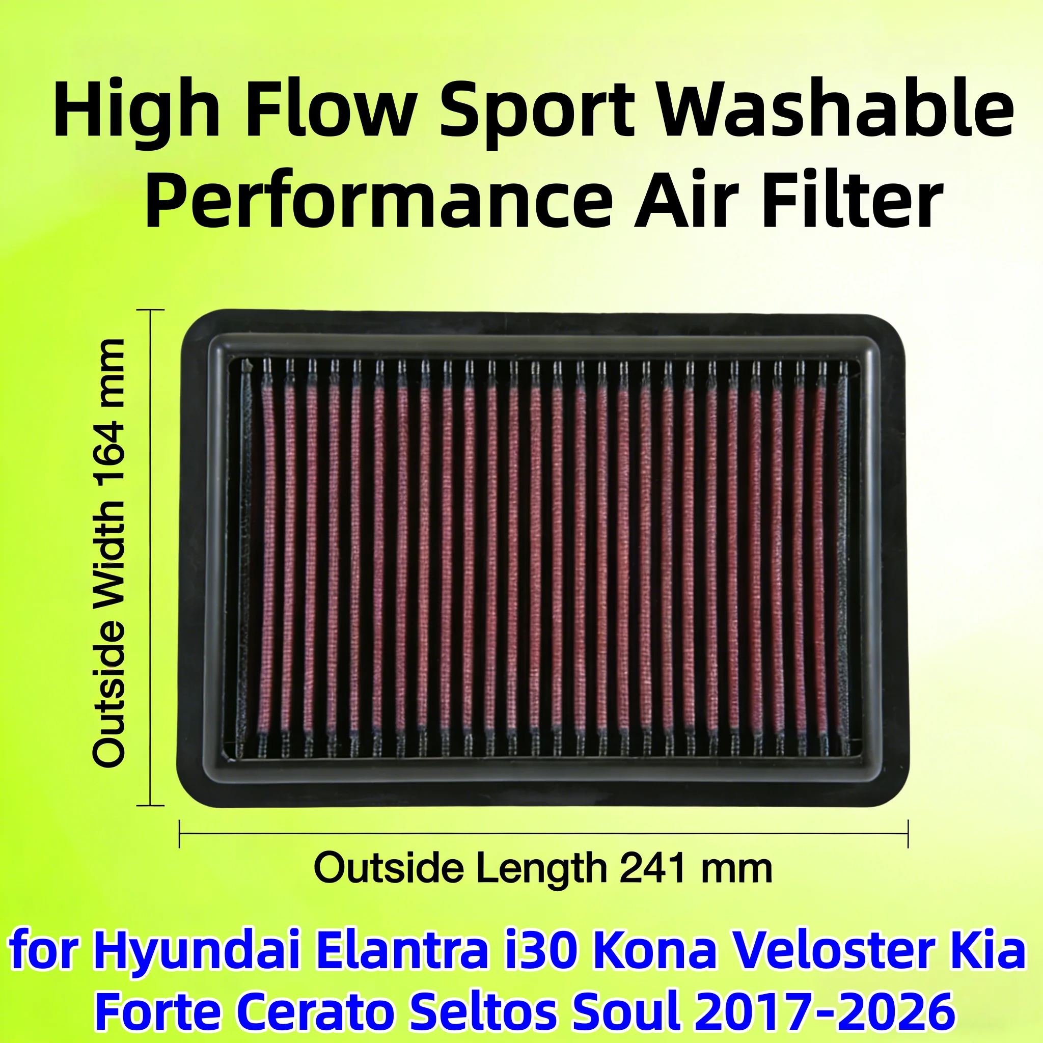

for Hyundai Elantra i30 Kona Veloster Kia Forte Cerato Seltos Soul 2017-2026 High Flow Sport Washable Air Filter 33-5050