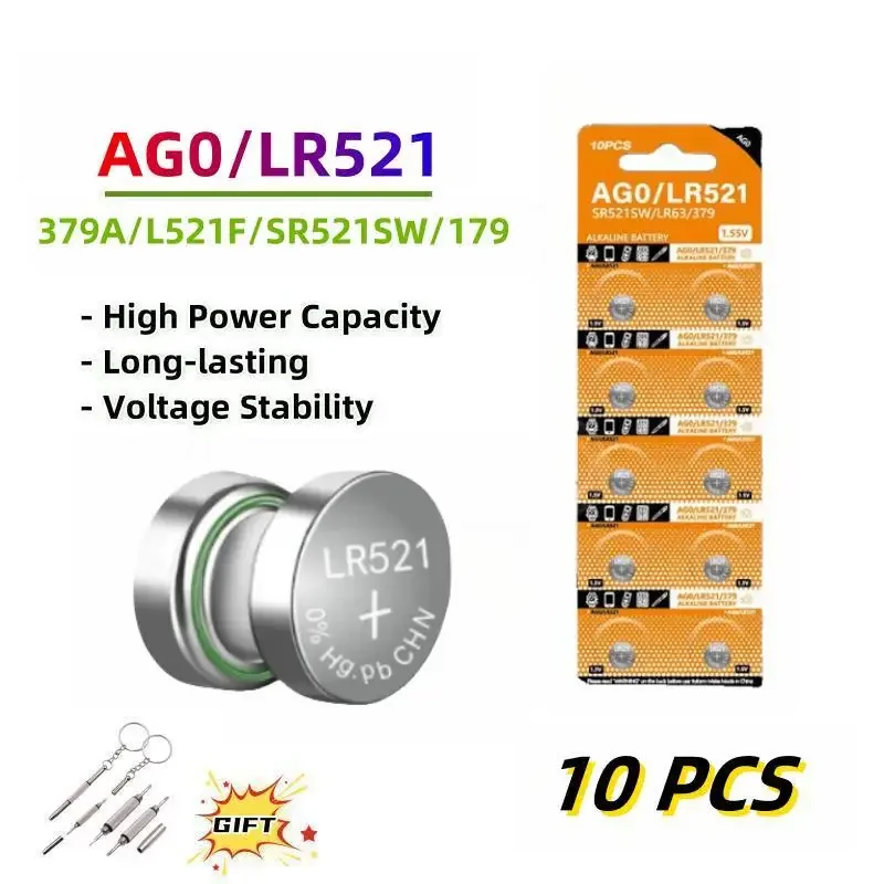 10PCS-50PCS  AG0 Button Batteries LR521 379 SR521SW 379A 1.5V Alkaline Coin Cell 179 D379 SR63 Silver Watch Battery