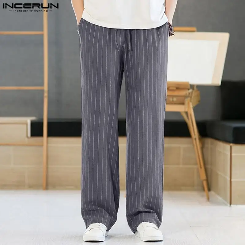 Men Striped Pants 2023 Cotton Joggers Vintage Streetwear Casual Straight Trousers Men Drawstring Leisure Pantalon S-5XL INCERUN