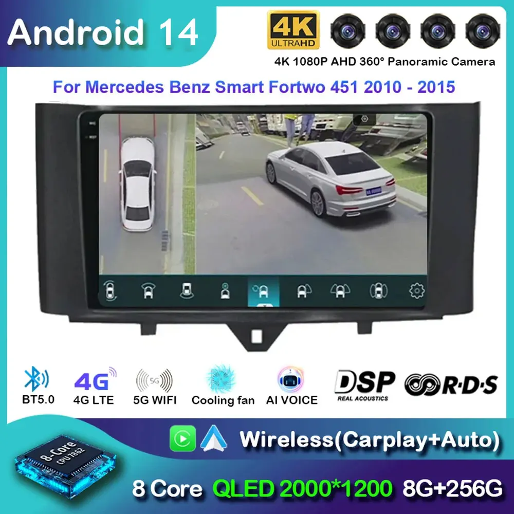 

Автомобильное радио Android 14 Carplay для Mercedes Benz Smart fortwo 2010-2015 навигация мультимедийный GPS плеер стерео Wi-Fi 360 камера