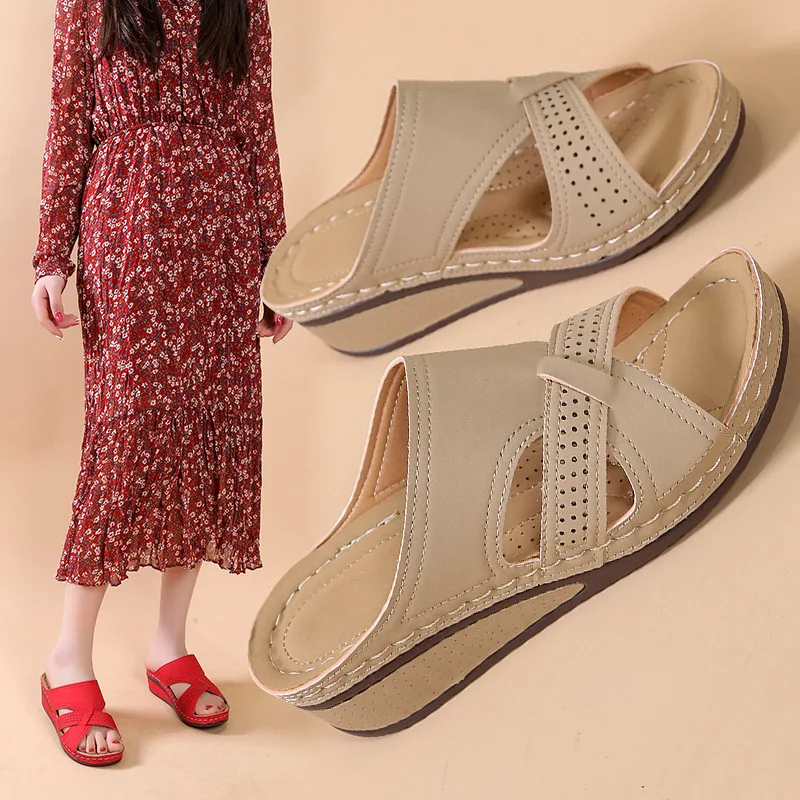 2024 Women Summer Wedge Sandals Premium Orthopedic Open Toe Sandals Vintage Anti-slip Leather Casual Female Platform Retro Shoes