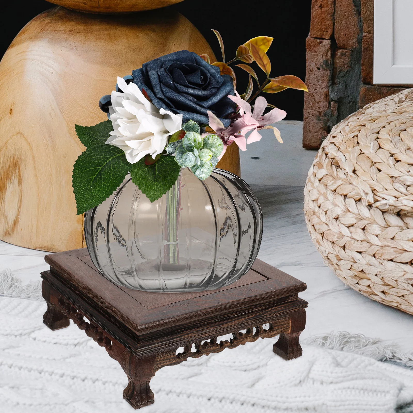 

Exquisite Chinese Style Wooden Display Pedestal Sturdy Craft Stand For Vase Antiques Home Decor Flowerpot Holder Display