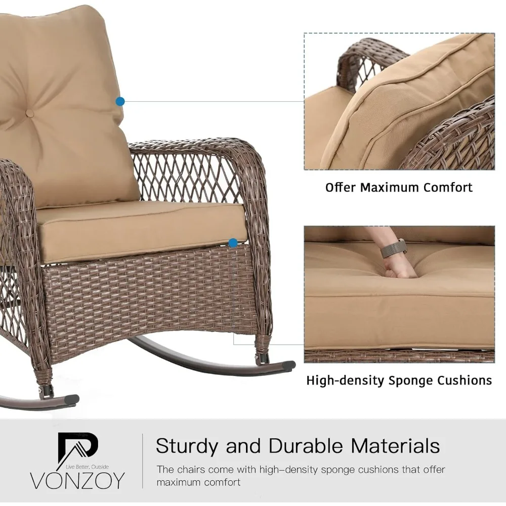 Patio Furniture Set 3 Pieces, Wicker Rocking Bistro Set with Thick Cushions, Outdoor Rocker Chairs and Coffee Table for Porch, B