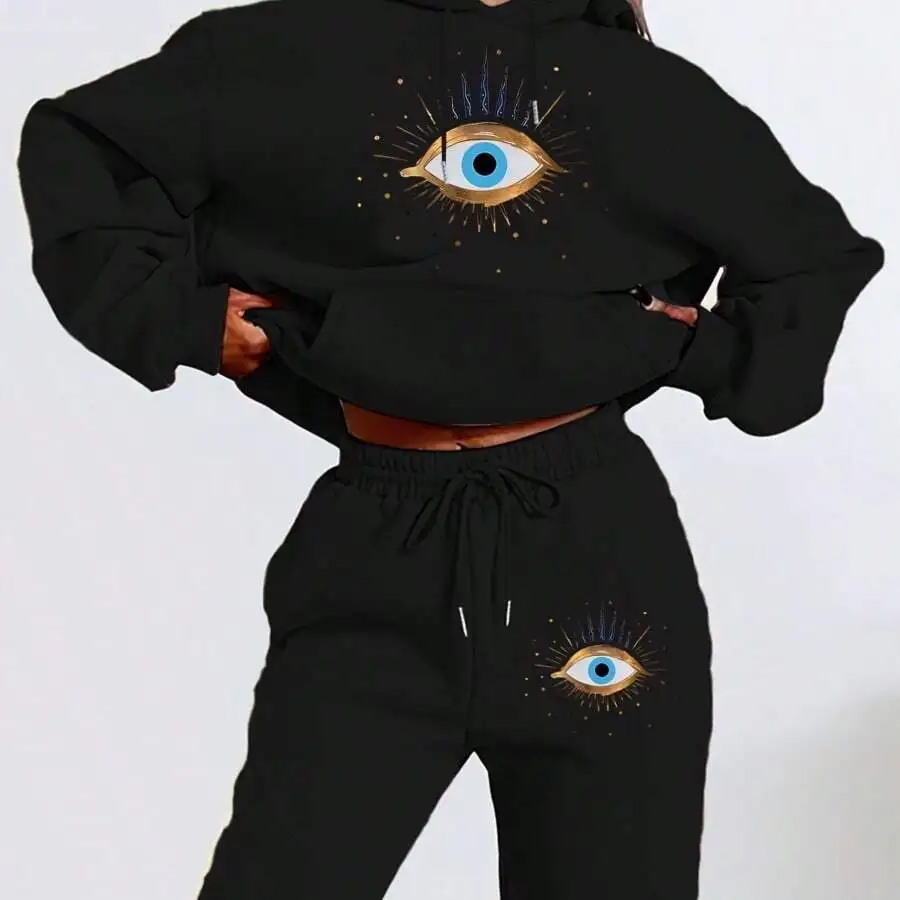 

Womens Hooded Crop Sweatshirt And Jogger Pants Set With Eye Print Casual Outfit