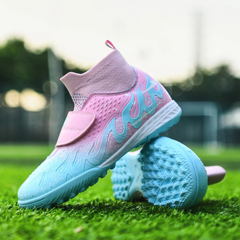 

Fashion Pink Children's Football Shoes High Top Soccer Shoes Boys Girls Outdoor Non-slip Kids Football Boots Turf Futsal Shoes
