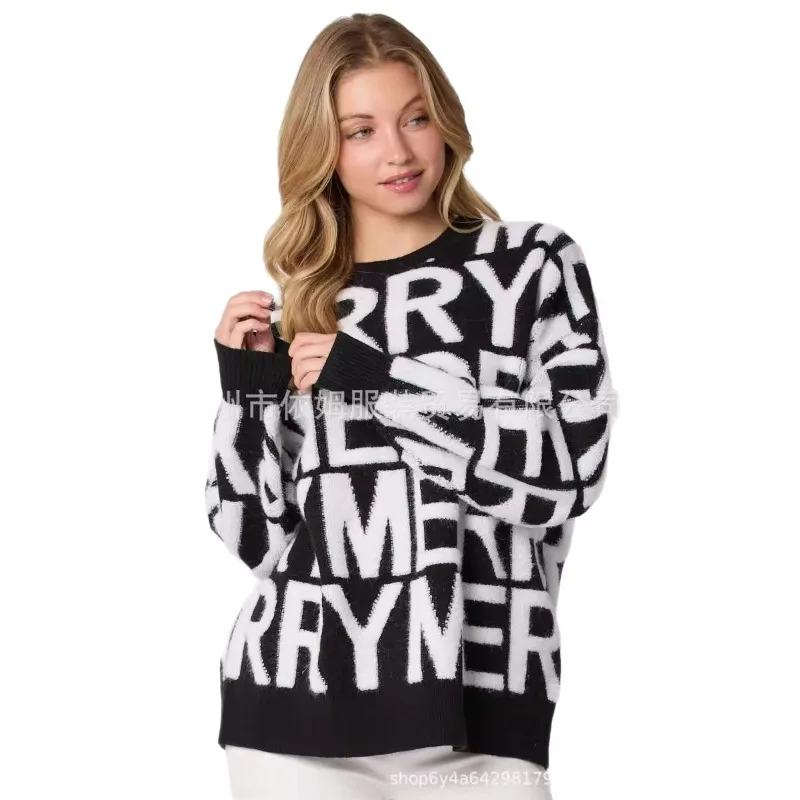 Hochwertiger, langärmliger Strickpullover mit Buchstaben-Stickerei, Schachbrettmuster für die Herbstsaison, Jugendmode, urbaner Stil