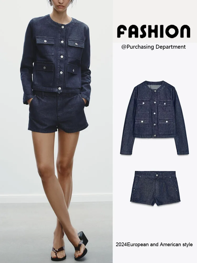 ฤดูใบไม้ผลิมาถึงใหม่ผู้หญิง DENIM Jaet Casual orts 2 ชิ้นชุดยาว Sve ort กางเกง Faionable Outerwear