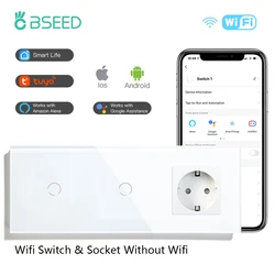 BSEED Double Wifi Wall Touch Switches 1/2/3Gang 1/2/3 Way EU Sockets Without WIFI Smart Google Alexa Light Switches App Control