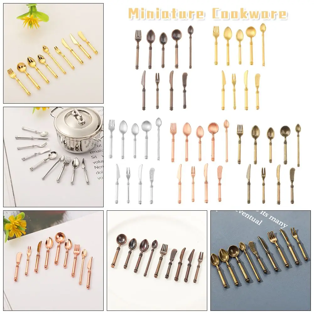 9PCS Metal Kitchen Tableware Dollhouse Furniture Simulation Mini Cutlery Fork Knife Spoon Doll Accessories Miniature Cookware