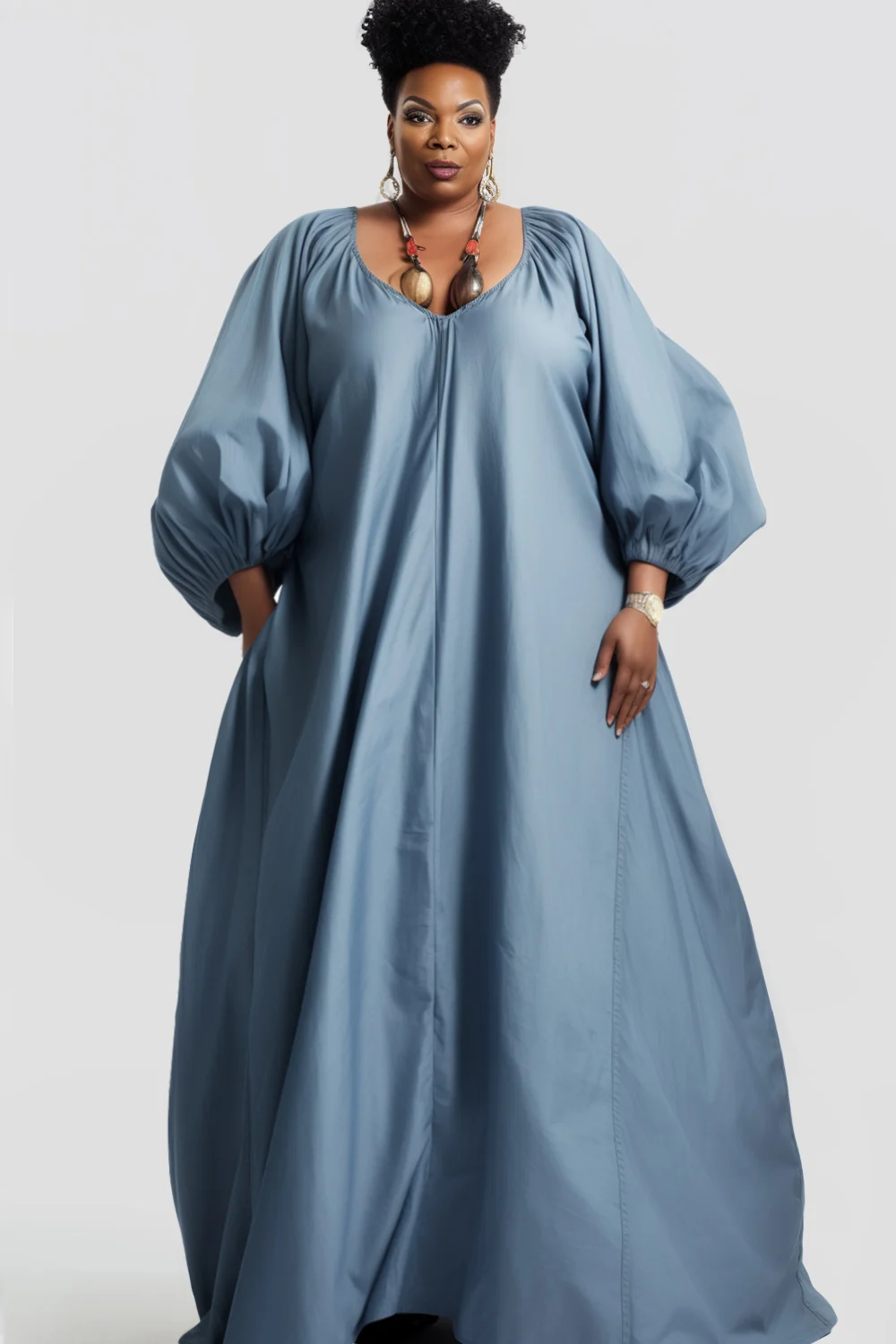 Plus Size Daily Light Blue V Neck Puff Sleeve Long Sleeve Maxi Dresses