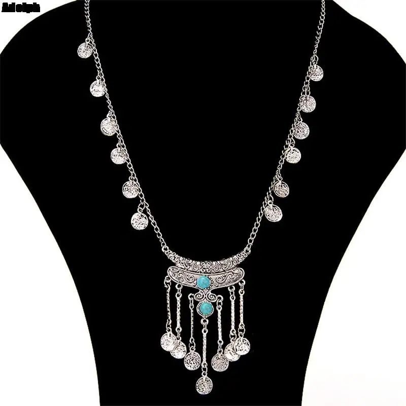 New Fashion Bohemian Coin Necklace Women Girl Alloy Vintage Long Stone Tassel Necklace Sweater Chain Pendant Jewelry Gifts 2022