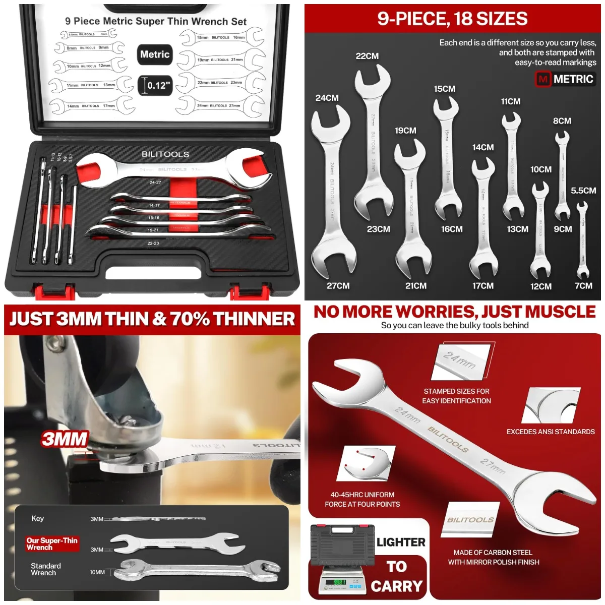 

Super-Thin 9-Piece Metric Open End Wrench Set, 5.5-27mm, Ultra-Slim with Storage Box
