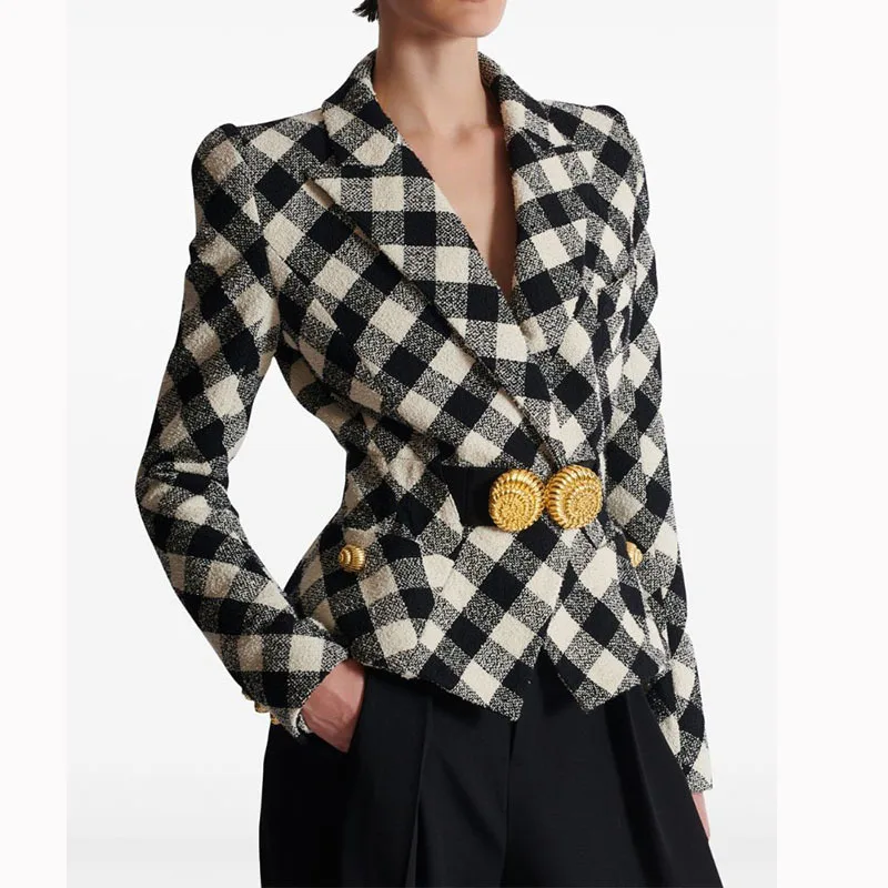 女性のための黒と白の市松模様のショートコート,クラシックなウールのジャケット,エレガントな長袖,金属製のボタン,高品質の服,新しい秋のコレクション,24