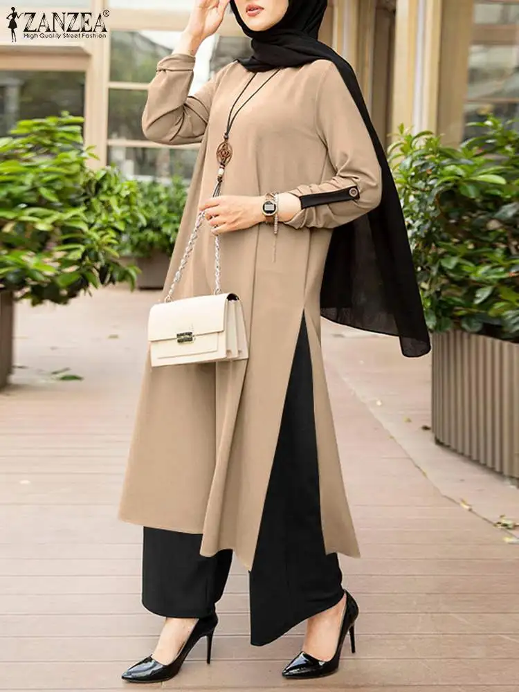 

Women Matching Sets ZANZEA Vintage Muslim Sets Casual Long Sleeve Tracksuits Split Blouses Female Wide Leg Pants Suits 2PCS