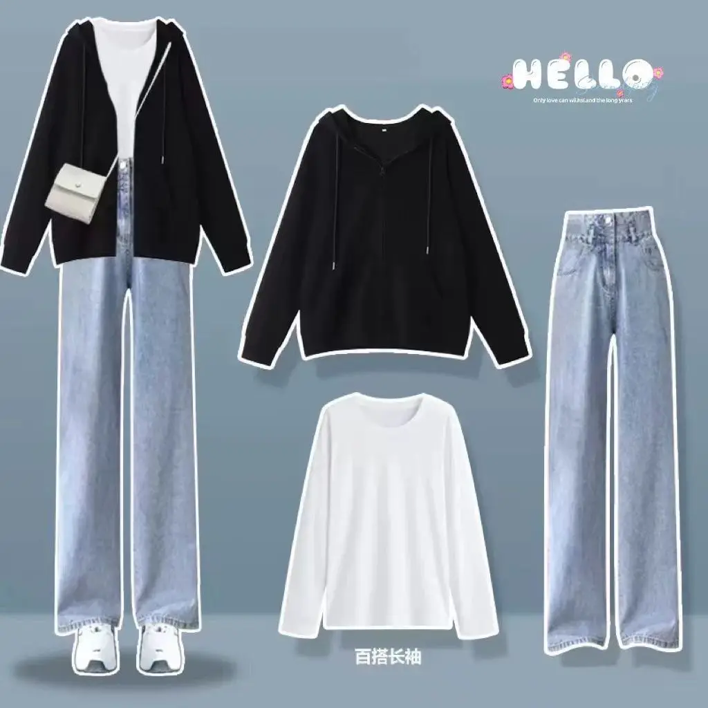 Autumn/Winter Women\'s Set Korean version loose and thick hooded jacket+T-shirt+denim wide leg pants three piece set