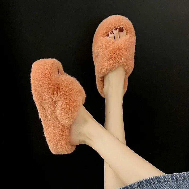 Autumn Winter Fluffy Slippers for Women New Warm Outside Wear Fashion Casual Flat Large Size Cotton Drag Woman Zapatos Mujer