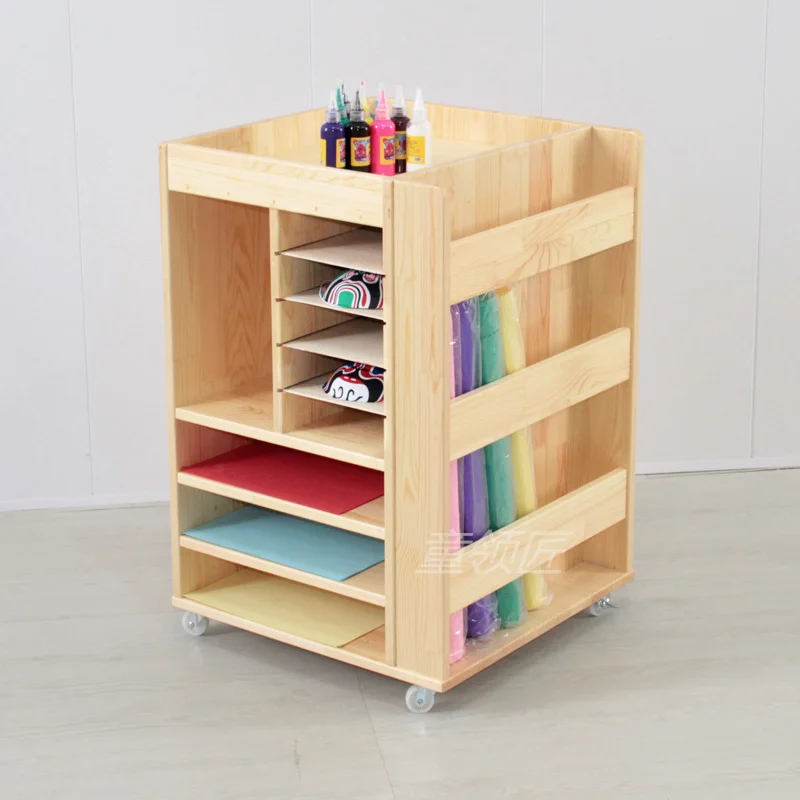 عربة مكتب للأطفال رياض الأطفال مواد الطلاء المتنقلة تخزين التعليم اللوحة الخشبية الصلبة خزانة فنية ورقية #1