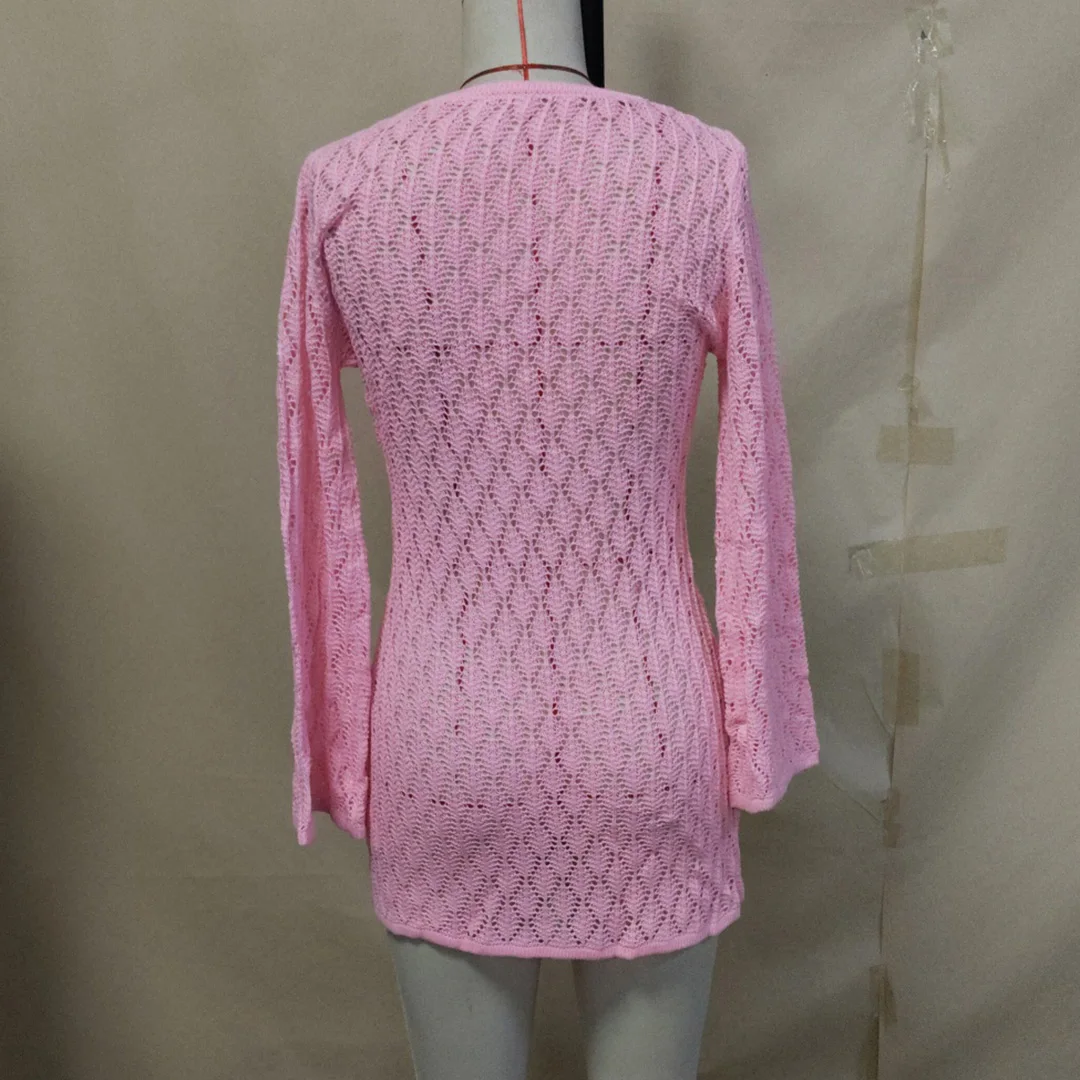 Langärmliges, V-Ausschnitt-Kleid mit Ausschnitten, gehäkelt, gestrickt, Strandkleid, Strandmode, Strandbekleidung, Strand-Cover-up, Damen V7109 – Detail 11