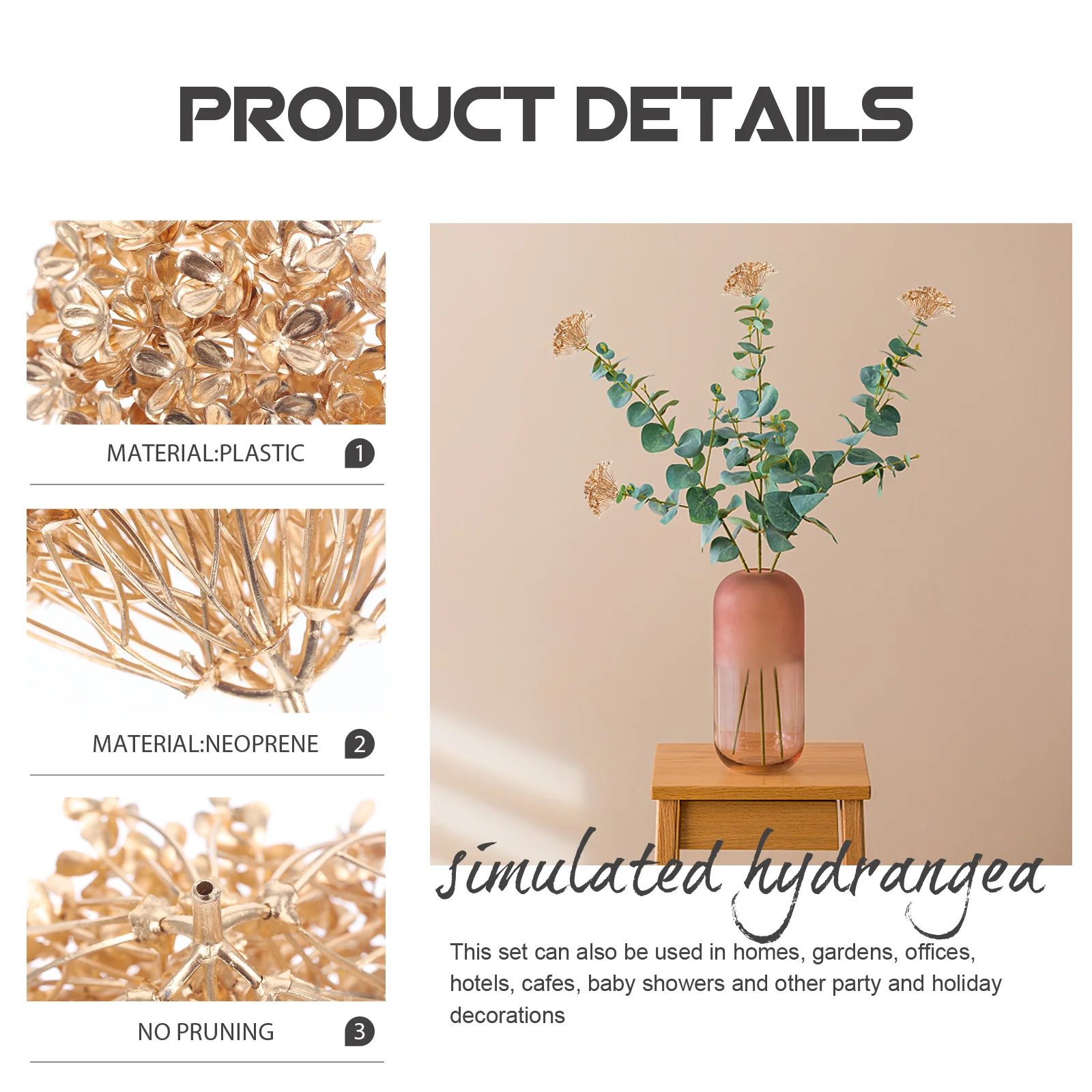 

10Pcs Faux Hydrangea Flower Heads Golden Artificial Wedding Home Garden Party Decoration Flowers Faux Hydrangea Flowers