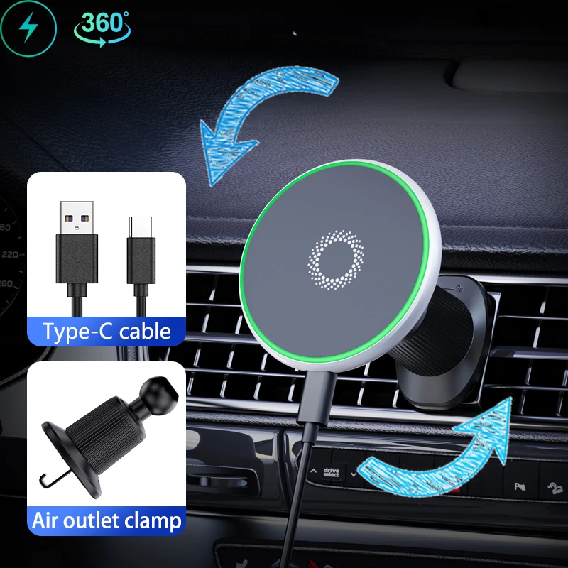 Car Phone Holder Magnetic Wireless Charging Stand Mobile Phone Mount Aluminum Alloy MagSafe Supports for iPhone Samsung Xiaomi