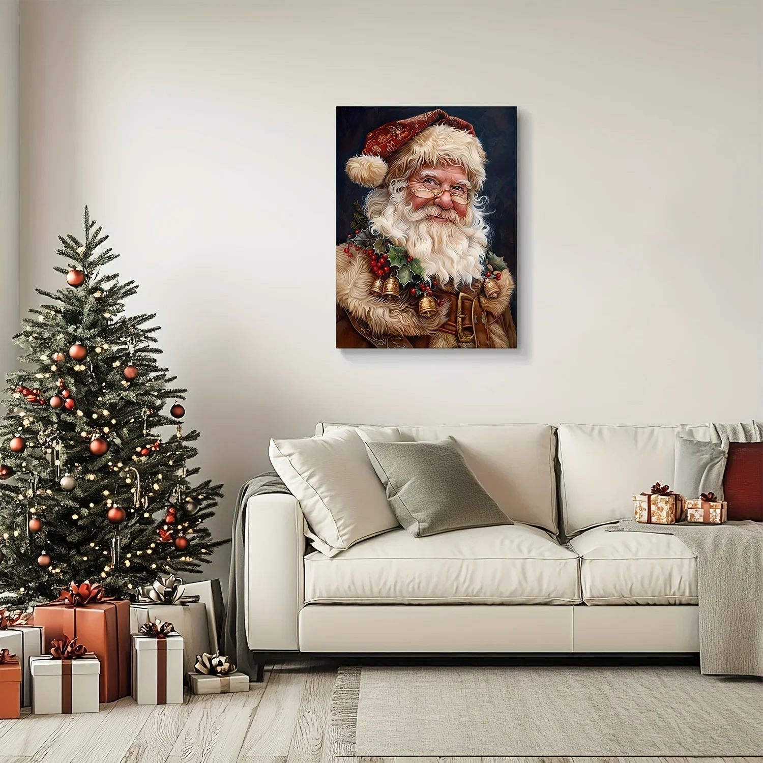 1 x Weihnachts-Leinwand-Wandbild mit Rahmen, klassisches Weihnachtsmann-Porträt, geeignet für Wohnzimmer, Schlafzimmer, Ferienhaus-Dekoration