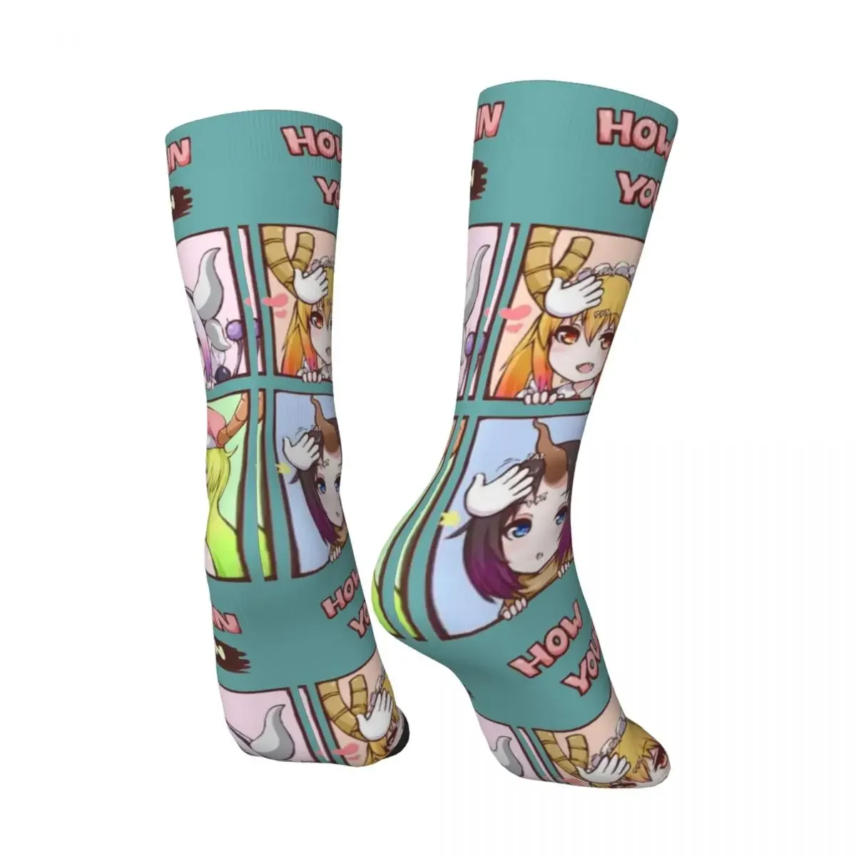 Funny Crazy Compression Sock for Men Lovely Hip Hop Vintage Miss Kobayashis Dragon Maid Anime Happy Seamless Pattern Crew Sock