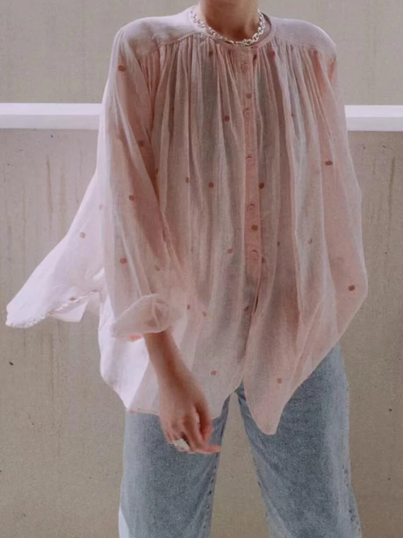 

Heidd Spring Fairy Pink Sun Protection irt Loose Embroidered Lightweight Breathable Cheered Cotton Long Sve round Ne