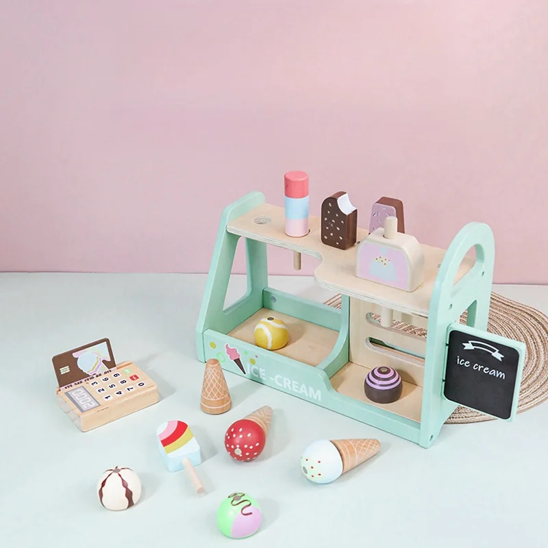 Ensemble de jouets de cuisine de Simulation, comptoir de crème glacée en bois, ensemble de jeu pour garçons et filles, Mini nourriture Montessori, jouets pour enfants, cuisson de fête de mariage