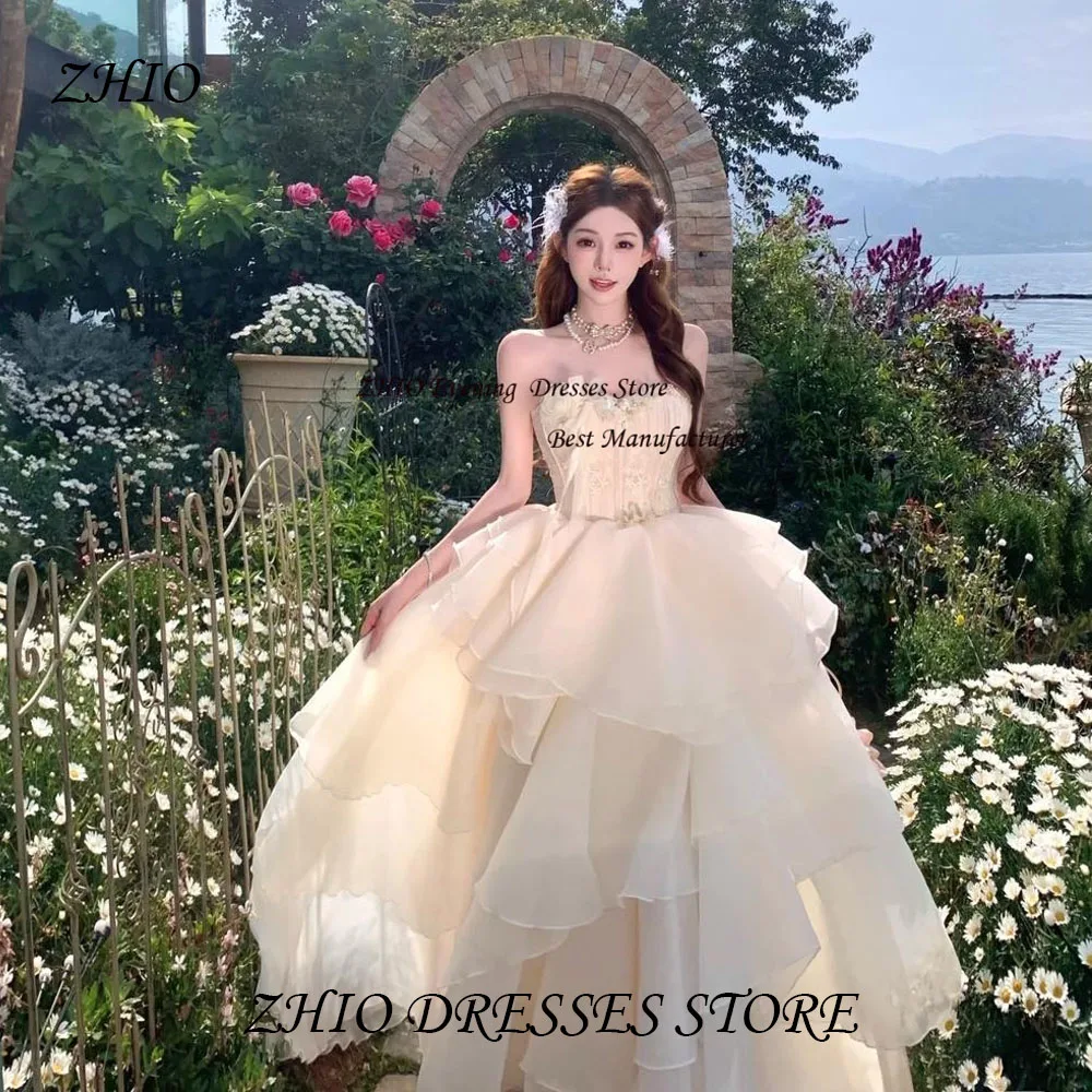 ZHIO فستان زفاف فاخر عاجي متدرج من التل والقطن فستان زفاف لالتقاط الصور مزين بالزهور على شكل قلب بدون أكمام فساتين العروس