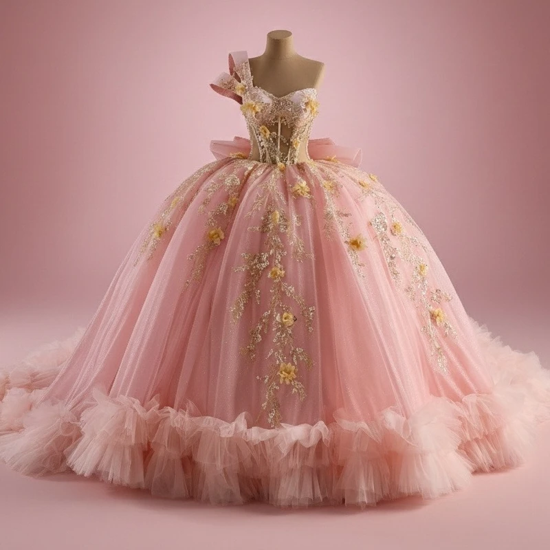 

Pink Quinceanera Dresses Off The Shoulder Gold Applique Flower Beading Crystal Bow Tiered Tull Corset Party Birthday Sweet 16