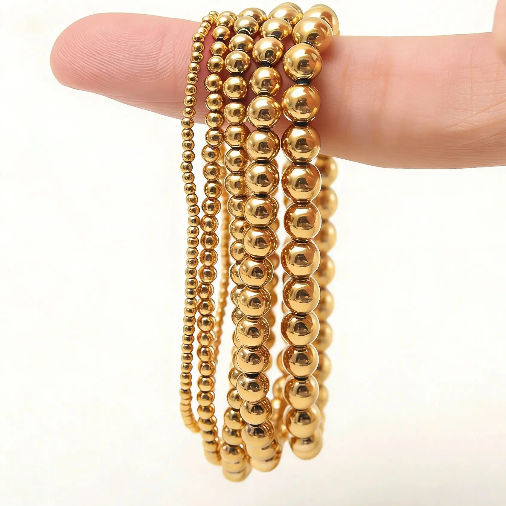 Badu Stainless Steel Gold Color Beaded Bracelet for Women Men 3/4/5/6 MM Ball Beads Stack Stretch Bracelet Waterproof Jewelry