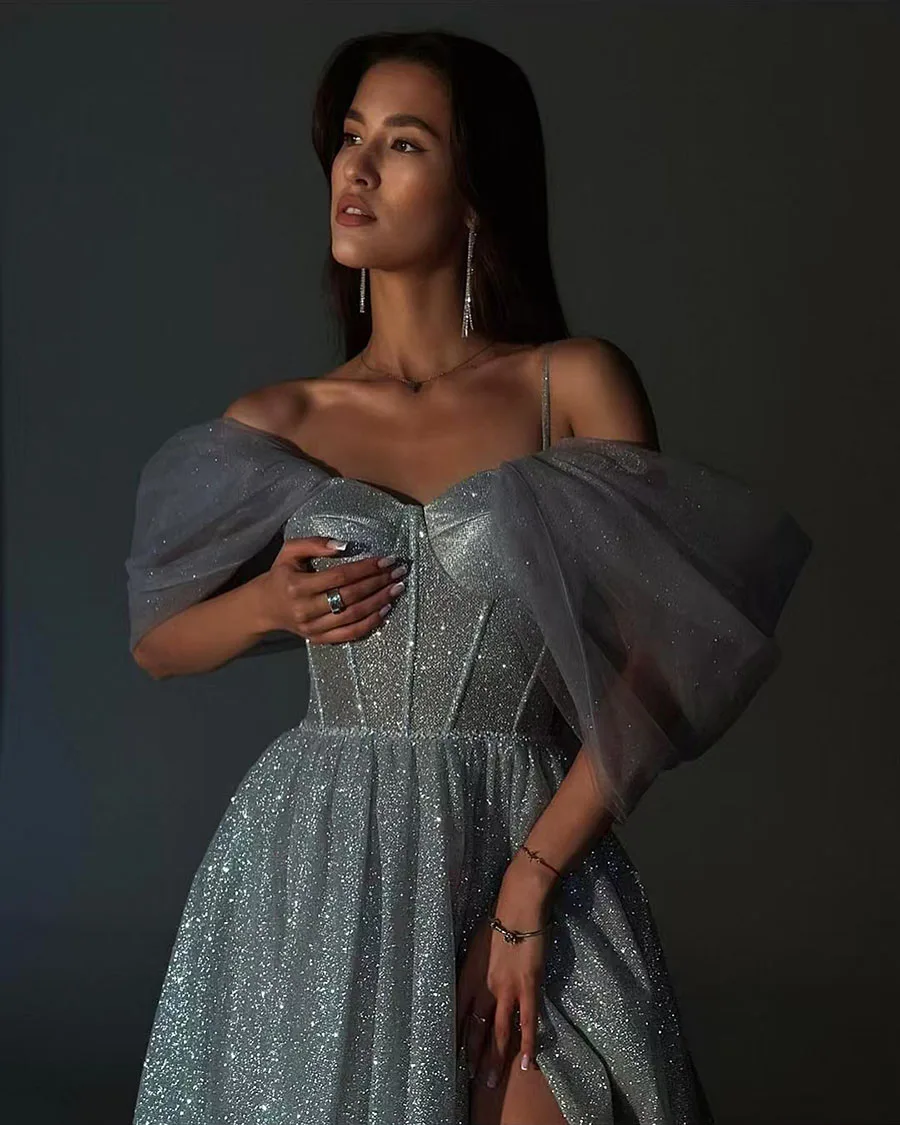 OEING Elegant Sparkly Evening Dresses Spaghetti Strapless Off The Shoulder Party Prom Dresses 2025 Silver Robe De Soiree