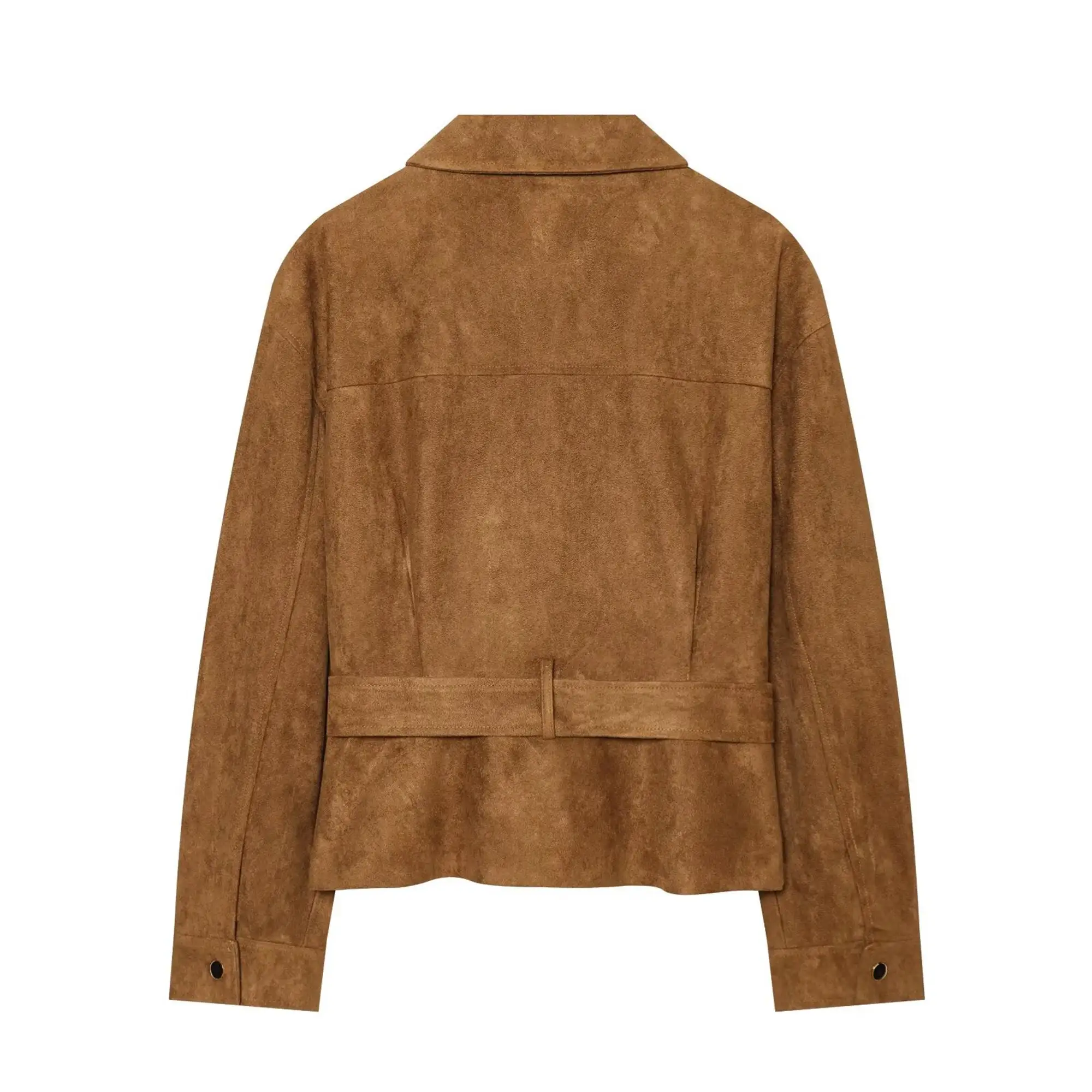 TFMLN Schicke Wildlederjacke für Damen, modischer Reverskragen, lange Ärmel, Taschen, schmal geschnittener Mantel, 2026, neuer Herbst, Gürtel, Damen-Retro-Oberbekleidung – Detail 3